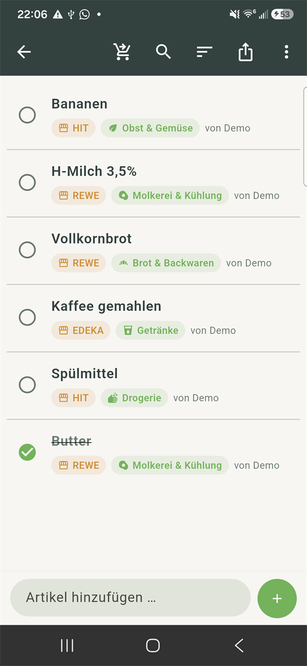 Einkaufsliste mit Markt- und Warengruppen-Zuordnung