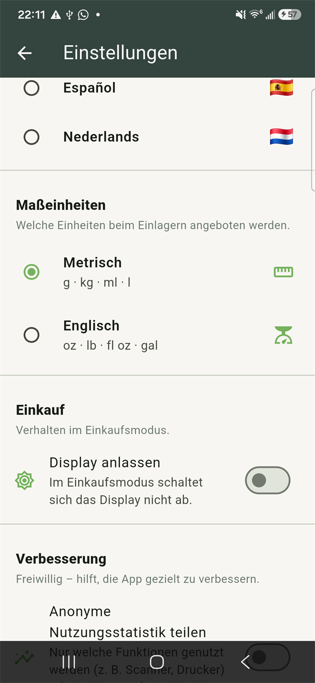 Einstellungen: Maßeinheiten, Sprache, anonyme Statistik